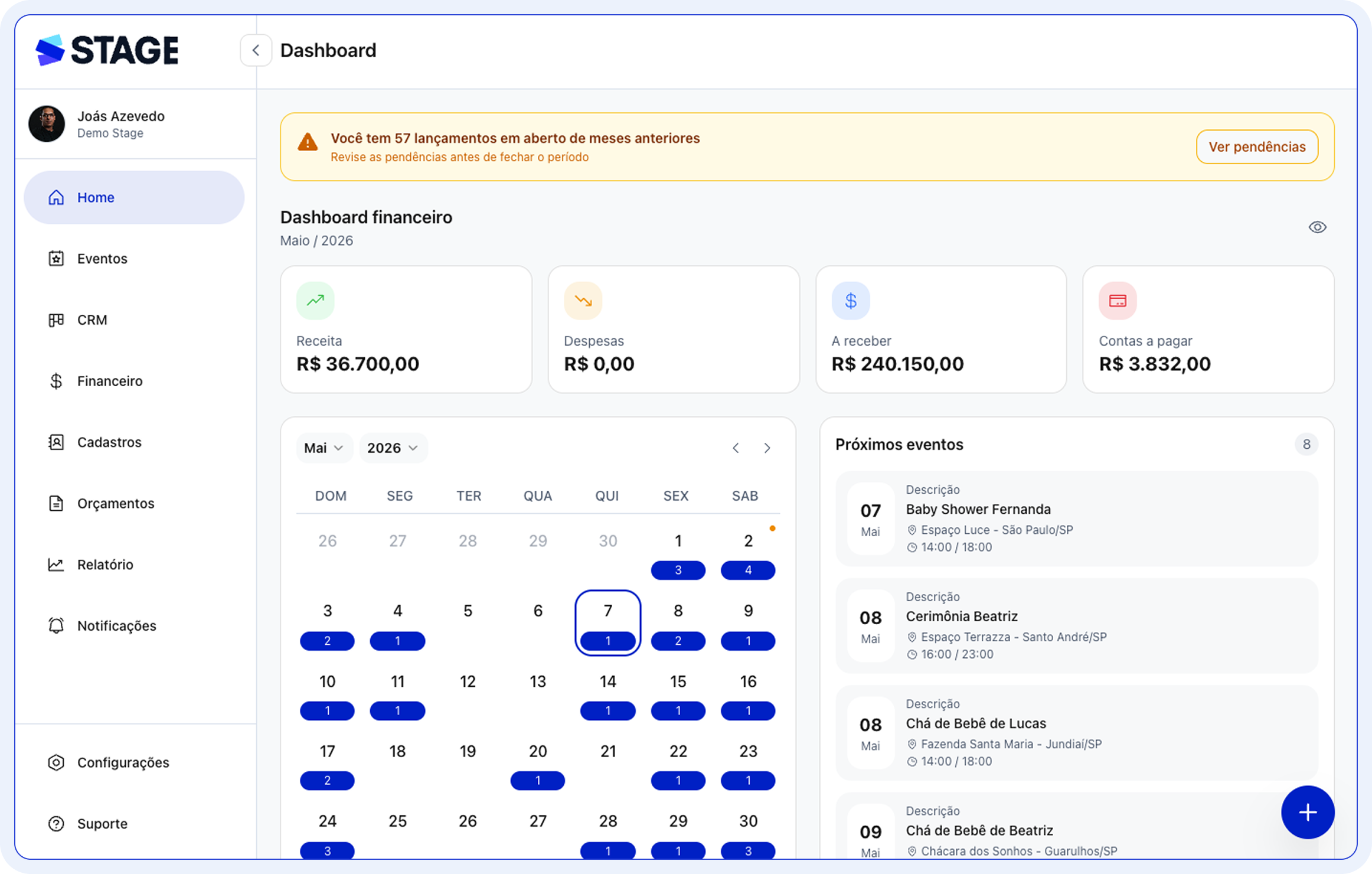 Painel do Stage com dashboard financeiro, agenda e próximos eventos